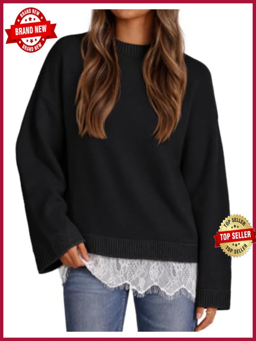 Oversized Lace Sweater Pullover Crew Neck Long Sleeve Knit